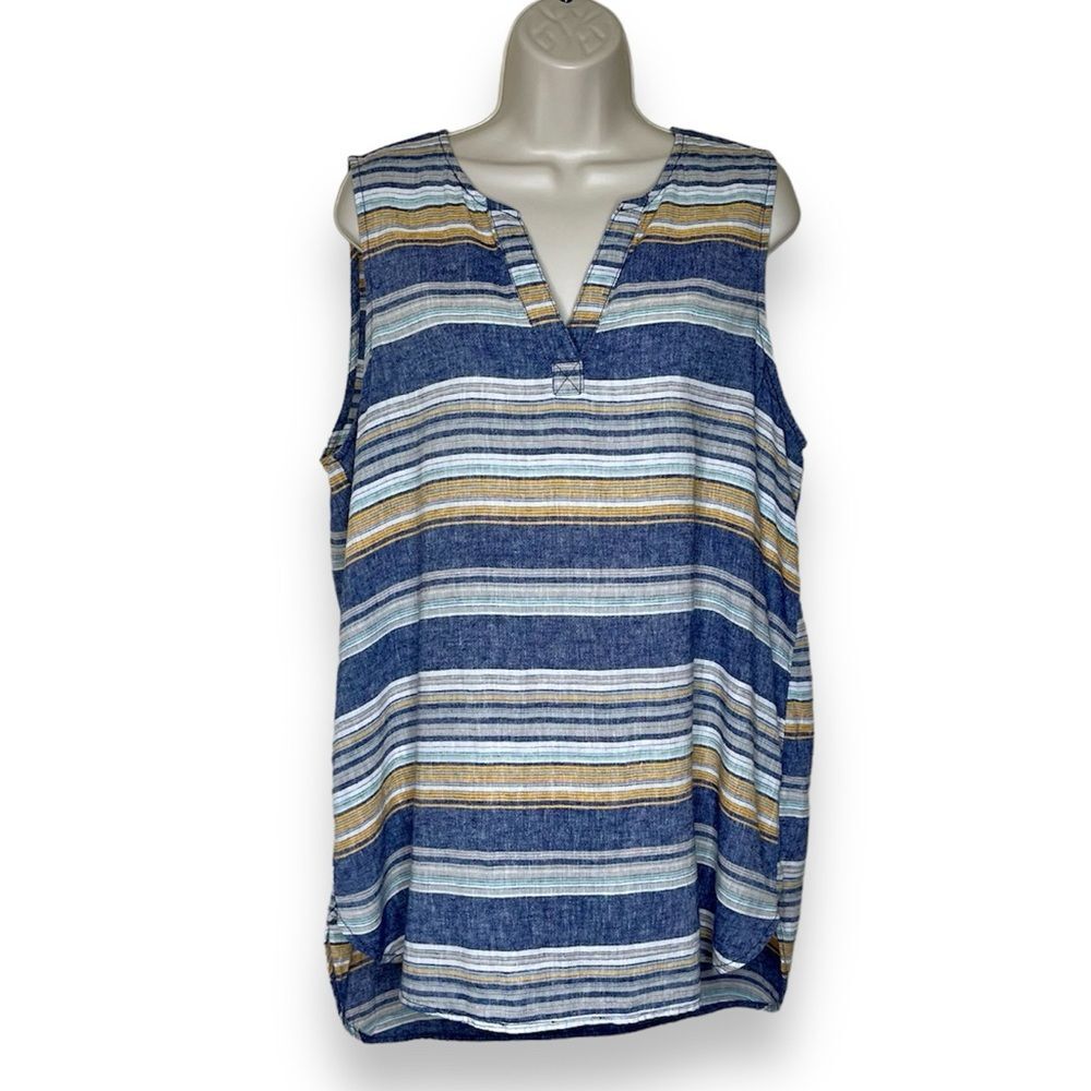Beachlunchlounge Jenna Linen Blend Stripe Sleeveless Split Neck Tunic Women XL